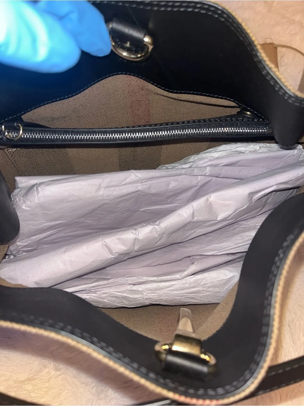 Burberry Tan & Black Canvas Hobo with Stripe Detail